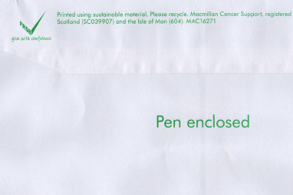 The back of an envelope from Macmillan Cancer Support, promising me a free pen.