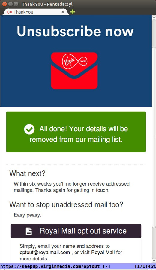 Virgin Media's opt-out confirmation message, thanking me for opting out of receiving Virgin Media junk mail.