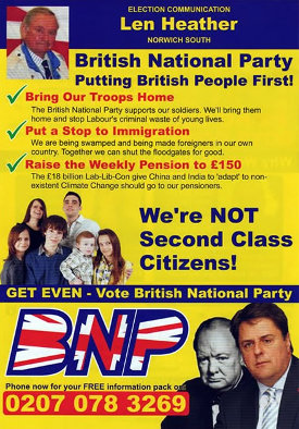 The cover of a leaflet from the BNP, featuring lots of bigoted nonsense.