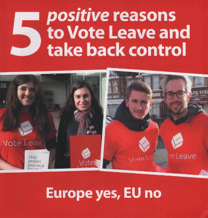 The cover of the Vote Leave leaflet, promising '5 positive reasons to vote leave'.