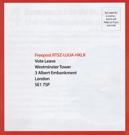 A page from the Vote Leave leaflet showing Vote Leave's freepost address'.