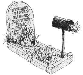 An illustration of a grave and a letterbox stuffed with junk mail. By Eloise O'Hare, (c) 2011.