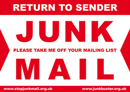 Label with the text 'Return to sender, junk mail'.